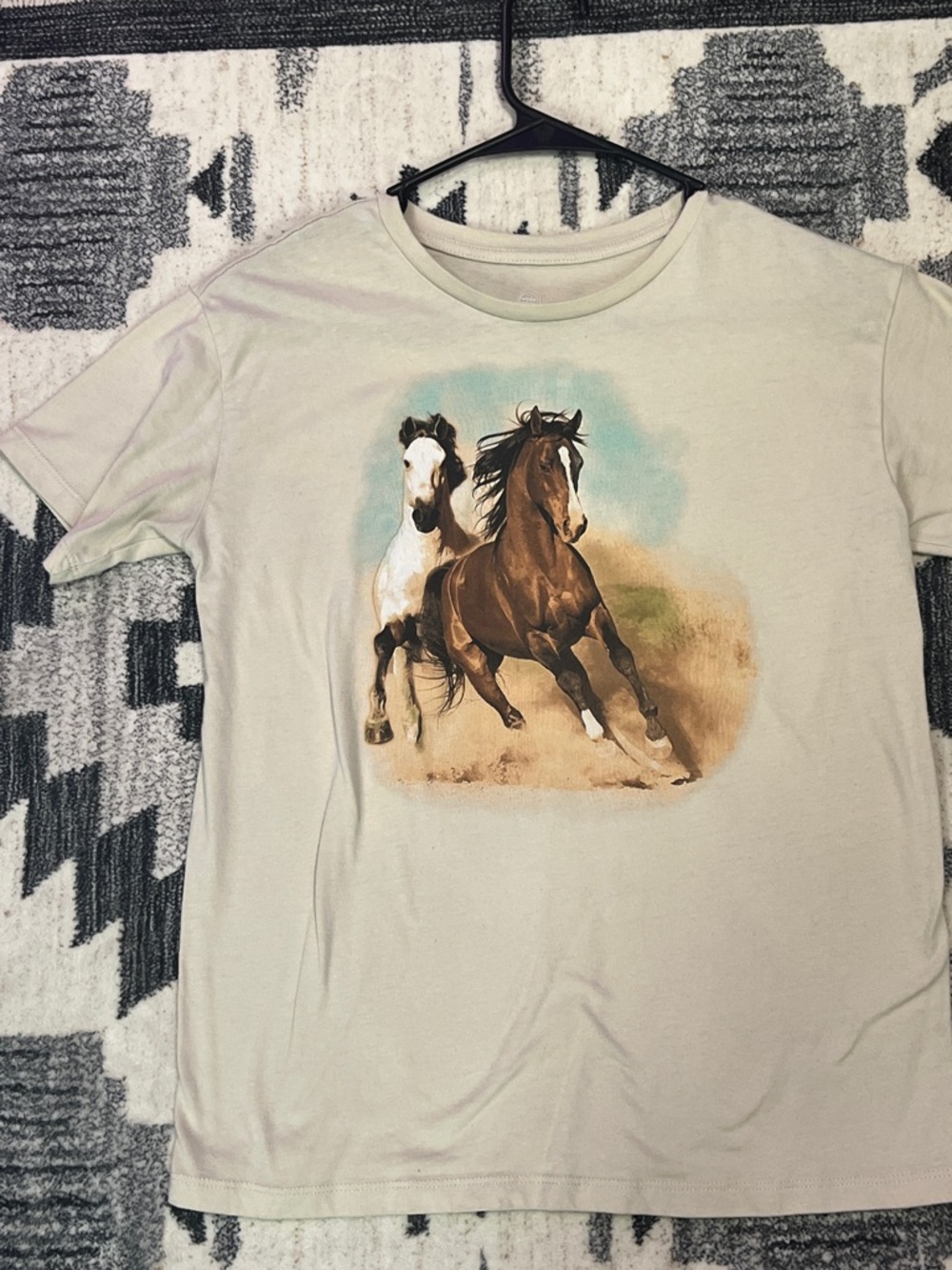 wonder nation Light Cream Tee with Brown Horse Graphic and Muted Blue Accent
